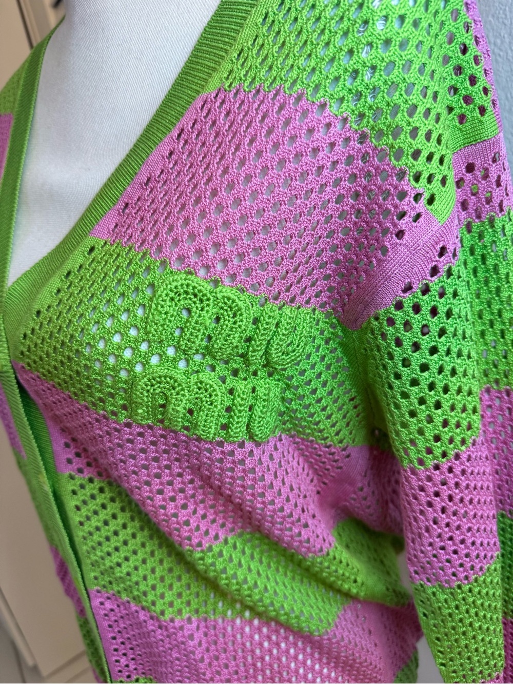 Miu Miu Pink and Lime Green Openwork Knit Cardigan